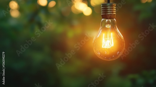 Light bulb hanging outdoors in evening sunlight	