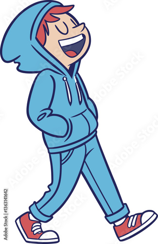 A boy is walking with a big, joyful smile, his hands in his pockets, exuding happiness and contentment | Adobe Illustrator Artwork