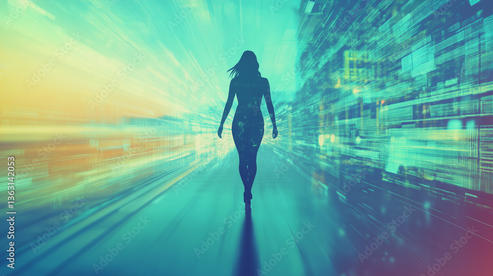 Woman walking through the rapid evolution of technology and business leadership, with a vibrant gradient background in Nordic tones. Woman walking through the rapid evolution of technology and business leadership, with a vibrant gradient background in Nordic tones.