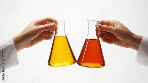 Two hands holding laboratory flasks with liquids	