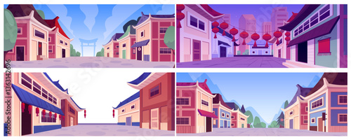 Vector set of cartoon illustrations of Chinese street in daytime, nighttime and isolated.