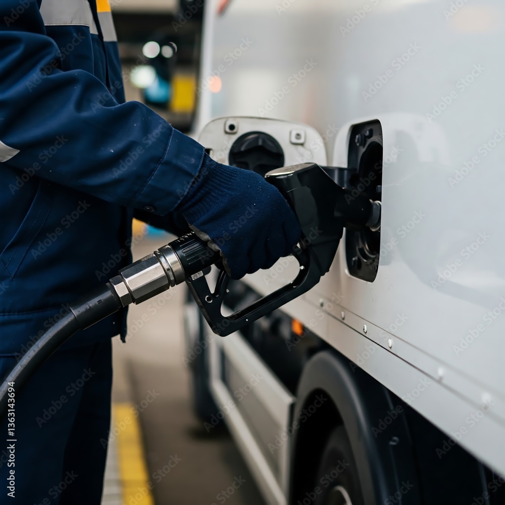 Close up of a colorful truck being refueled at a gas station. The fuel nozzle is inserted, focusing on the worker's hands, emphasizing logistics and transportation. Close up of a colorful truck being refueled at a gas station. The fuel nozzle is inserted, focusing on the worker's hands, emphasizing logistics and transportation.