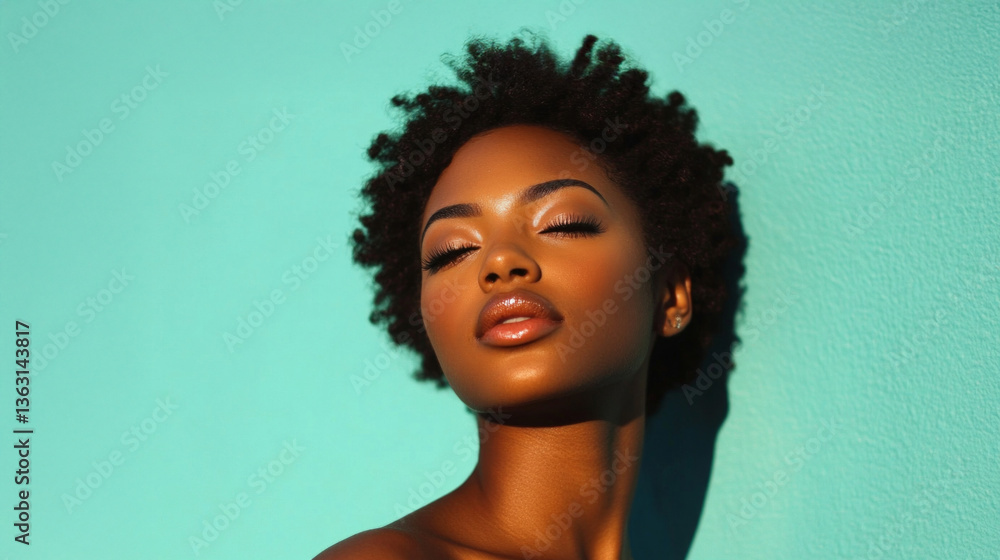 A person with glowing skin poses confidently in front of a turquoise backdrop. The warm sunlight enhances their features, creating an uplifting and vibrant atmosphere. A person with glowing skin poses confidently in front of a turquoise backdrop. The warm sunlight enhances their features, creating an uplifting and vibrant atmosphere.