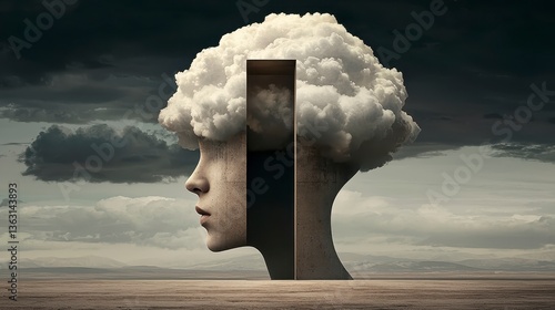 Stone Head with Cloud Brain and Dark Rectangle in a Dramatic Landscape