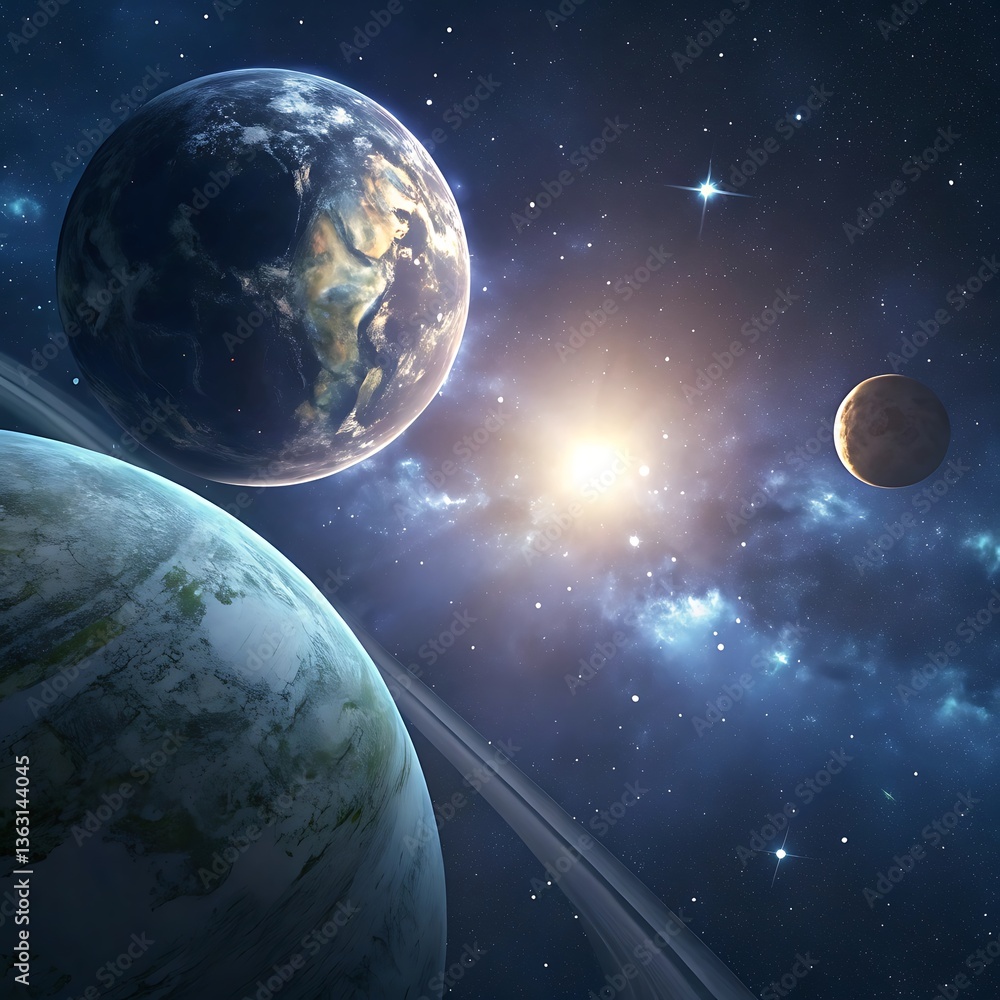 Fototapeta premium Magnificent celestial view showcasing planets, stars, and cosmic gas in a breathtaking, otherworldly landscape, captivating for deep space exploration themes.