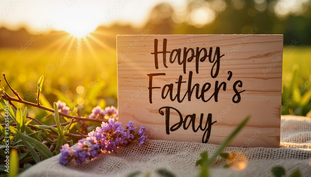 Naklejka premium Happy Father's Day greeting in nature at sunset 