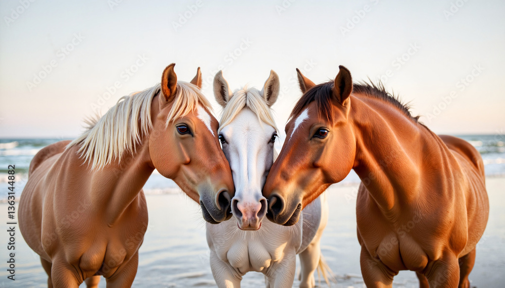 Fototapeta premium Three horses sharing affection at the beach 