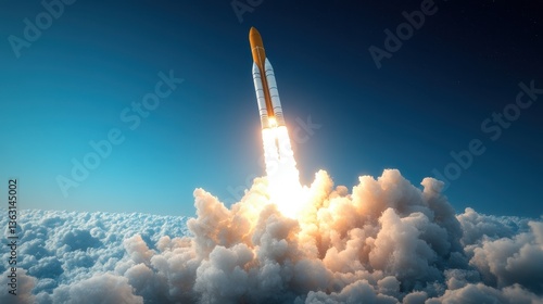 Rocket launching into sky with smoke trail	