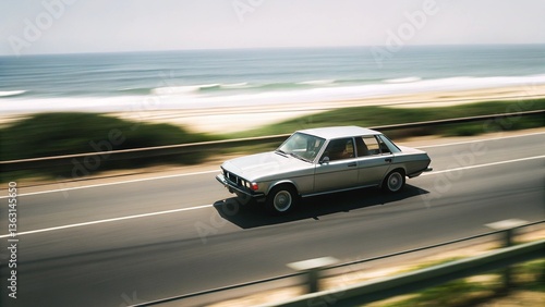Vintage car going in a high way next to the ocean