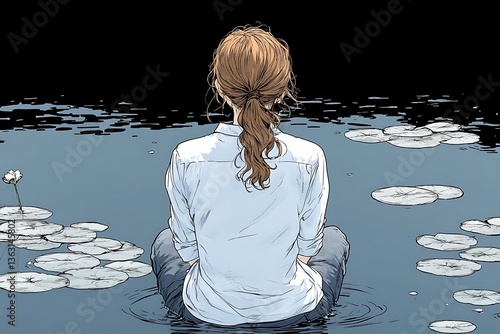 Woman Meditates by Water Lilies.