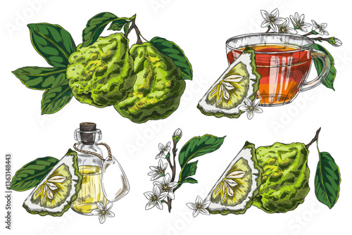 Vector set with bergamot fruit, flowers, oil and a mug of tea.