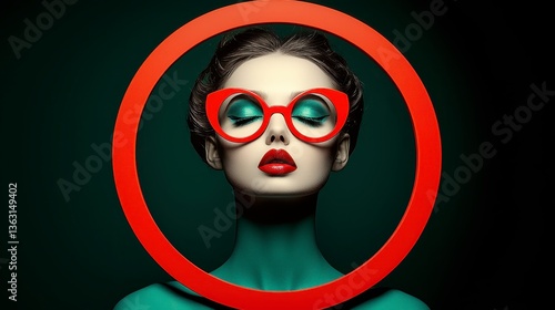 Stylized Portrait of Woman with Red Glasses and Teal Skin
