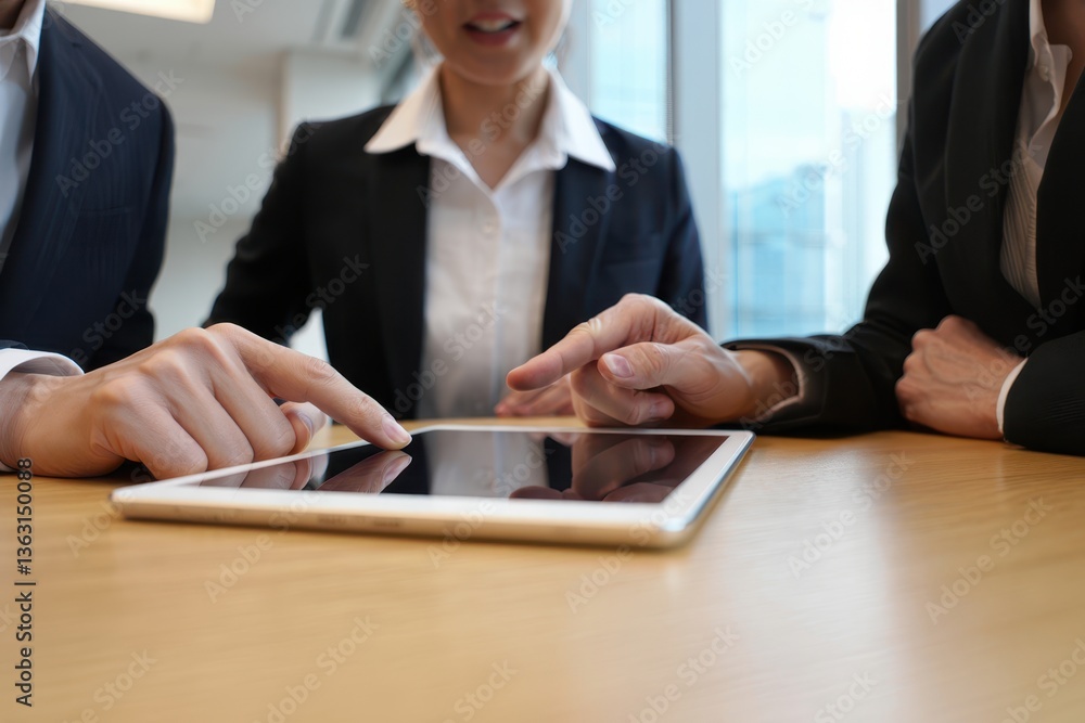 Business team collaboration: professionals using tablet in modern office environment Business team collaboration: professionals using tablet in modern office environment