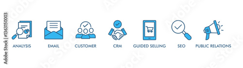 Inbound marketing banner web icon vector illustration concept with icon of analysis, email, customer, crm, guided selling, seo, public relations, revenue, background, concept, industry, satisfaction, 
