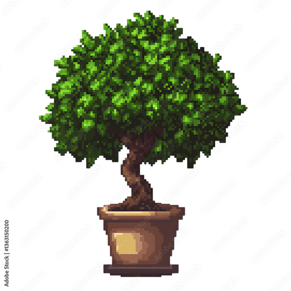 Fototapeta premium Pixelated bonsai tree with green leaves in a brown pot isolated