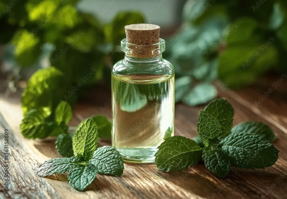 Essential oil of fresh mint leaves resting on rustic wooden table Essential oil of fresh mint leaves resting on rustic wooden table