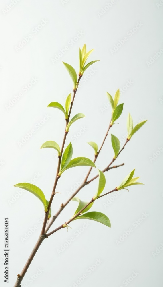 Fototapeta premium Delicate branches with soft leaves against a clean white backdrop, branch, white background