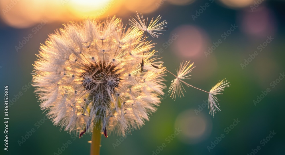 Obraz premium Close-up of a dandelion puff releasing seeds at sunset, with blurred background