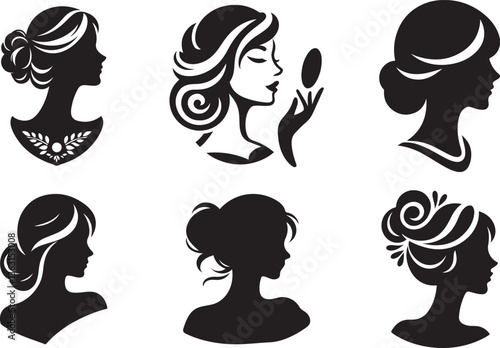 An elegant collection of beautiful woman silhouettes with diverse hairstyles and profiles
