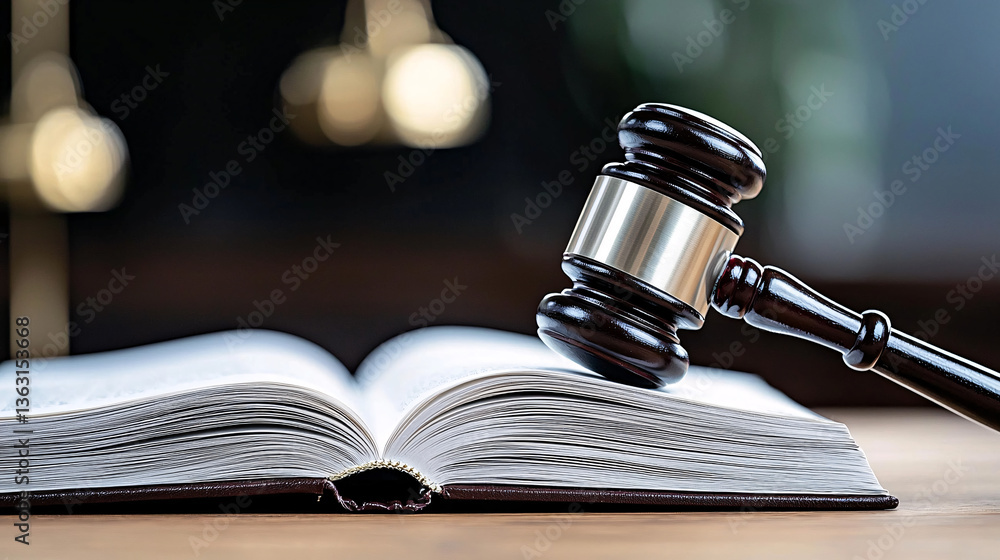 Legal Gavel Resting on Open Law Book Symbolizing Justice System and Legal Process in Courts Legal Gavel Resting on Open Law Book Symbolizing Justice System and Legal Process in Courts
