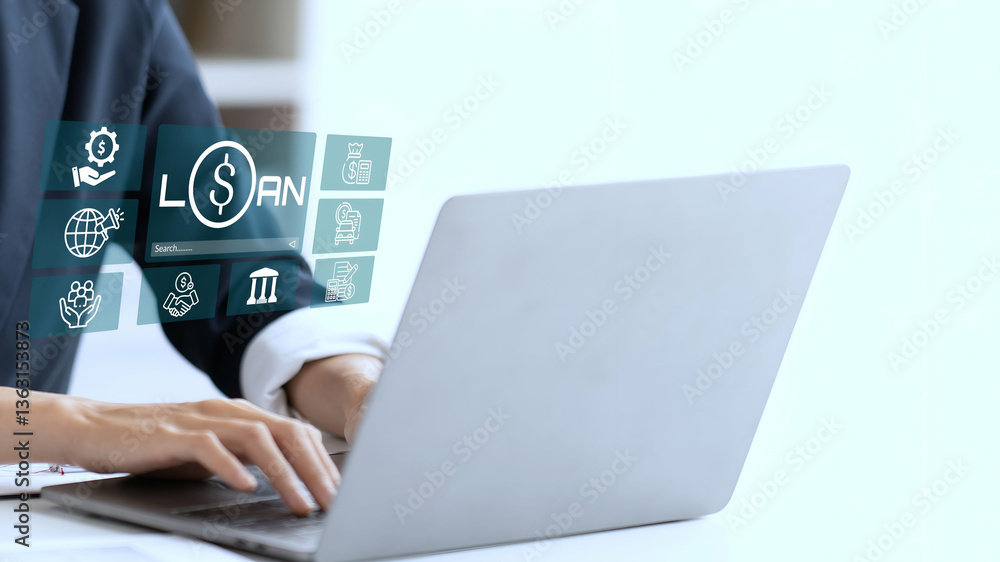 A business person using laptop with Personal Loan concept. A business person using laptop with Personal Loan concept.