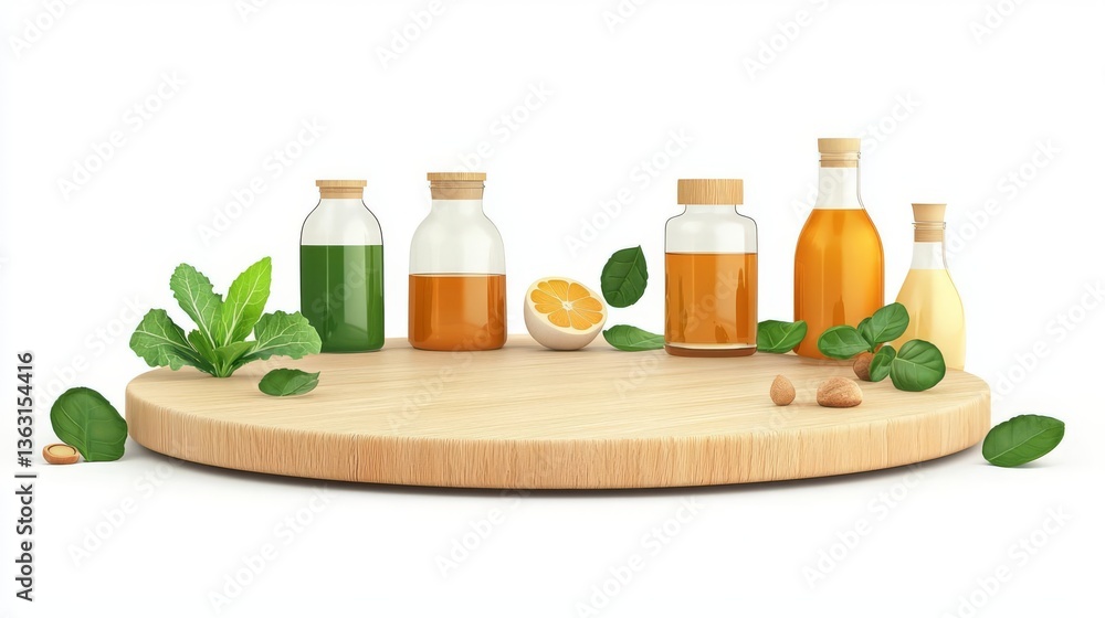 A collection of glass bottles filled with oils and herbs displayed on a wooden cutting board. A collection of glass bottles filled with oils and herbs displayed on a wooden cutting board.