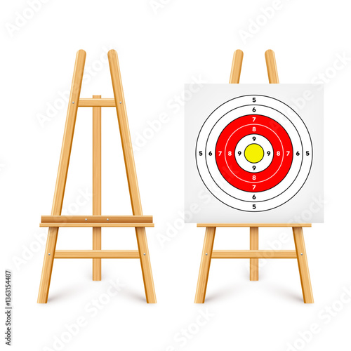 Shooting range target on a wooden easel stand. Paper target with divisions, marks and numbers. Archery, gun shooting and training, sport competition, hunting. Bullseye and aim. Vector illustration