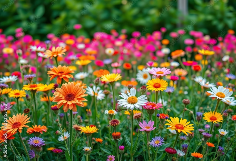Fototapeta premium Vibrant seamless floral pattern, a field of blooming flowers, sunflower, red