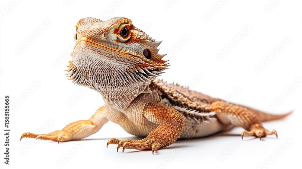 Fototapeta premium A close-up shot of a bearded dragon lizard against a white background. Its orange and tan scales are striking.
