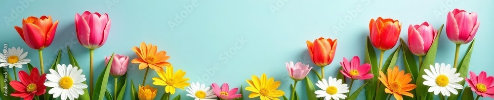 Obraz premium Vibrant spring background with blooming tulips and daisies, plants, tulips