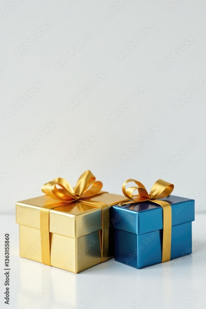 Obraz premium Isolated gift boxes on a table with white background, golden, present, blue
