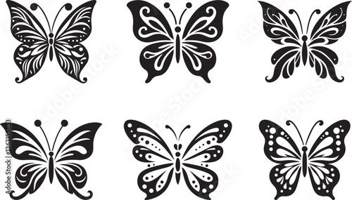 Six elegant black butterfly silhouettes, a collection of intricate wing designs showcasing nature's beauty in a simple, graphic style.