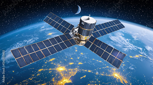 Fototapeta Naklejka Na Ścianę i Meble -  Space Satellite Orbiting the Earth Generating Clean Energy Observing Planet City Lights and Moon