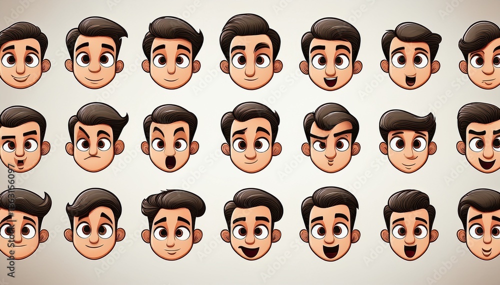 imagen muestra expresiones faciales diferentes, todas con un estilo de dibujo animado clásico de solo ojos boca y nariz, casi de la década de 1930. Predominan los ojos grandes y redondos, imagen muestra expresiones faciales diferentes, todas con un estilo de dibujo animado clásico de solo ojos boca y nariz, casi de la década de 1930. Predominan los ojos grandes y redondos,