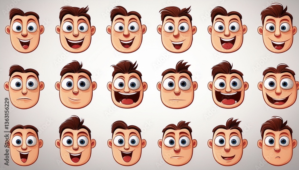 imagen muestra expresiones faciales diferentes, todas con un estilo de dibujo animado clásico de solo ojos boca y nariz, casi de la década de 1930. Predominan los ojos grandes y redondos, imagen muestra expresiones faciales diferentes, todas con un estilo de dibujo animado clásico de solo ojos boca y nariz, casi de la década de 1930. Predominan los ojos grandes y redondos,