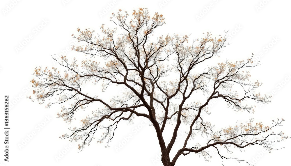 Fototapeta premium Lone deciduous tree, branches reaching skyward, stark white background, resilient, scenic