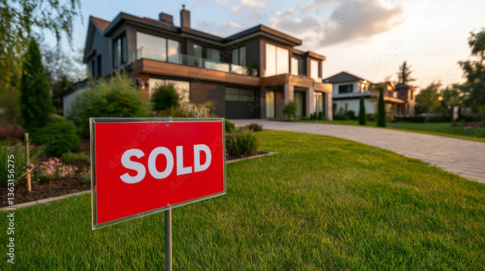 Red SOLD sign in front of modern luxury home showcases successful real estate transaction Red SOLD sign in front of modern luxury home showcases successful real estate transaction