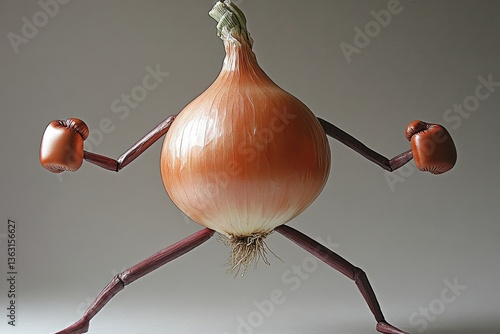Onion with arms and boxing gloves in funny pose	