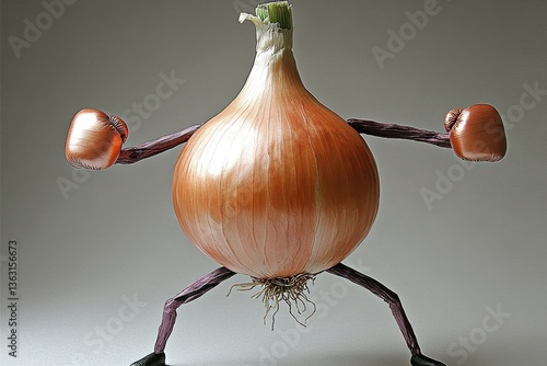 Onion with arms and boxing gloves in funny pose	