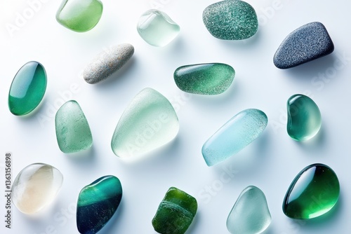 Variety of sea glass pebbles on white background	