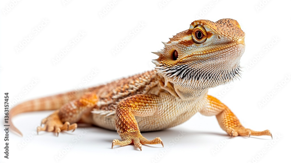 Naklejka premium Close-up of a vibrant orange and tan bearded dragon, showcasing its intricate scales and expressive eyes against a stark white backdrop.