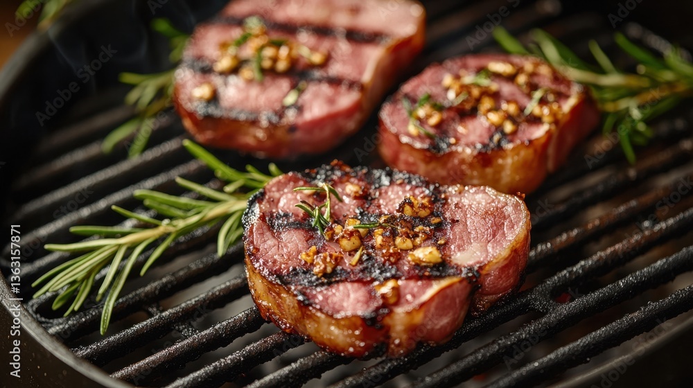 Grilled Beef Medallions with Rosemary and Garlic on a Cast Iron Grill for a Delicious Culinary Experience and Food Photography Grilled Beef Medallions with Rosemary and Garlic on a Cast Iron Grill for a Delicious Culinary Experience and Food Photography