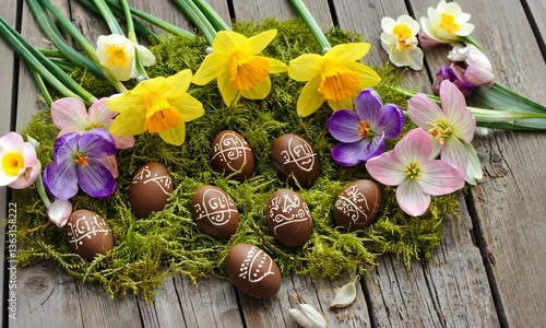 easter eggs and flowers on wooden background