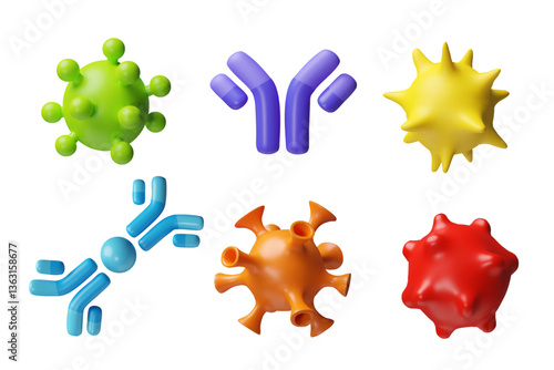 3D Vector set of different shapes and colors, round virus cells and immunoglobulin molecules.