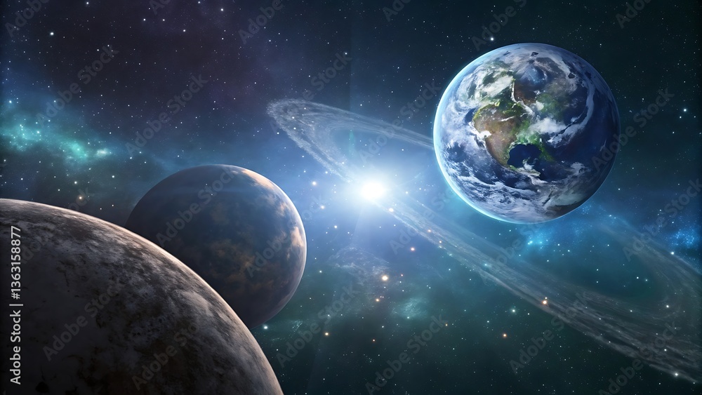 Obraz premium Stunning Cosmic Scene Featuring Multiple Planets, Glowing Nebula, and a Distant Starfield in a Beautiful Astronomical Composition.