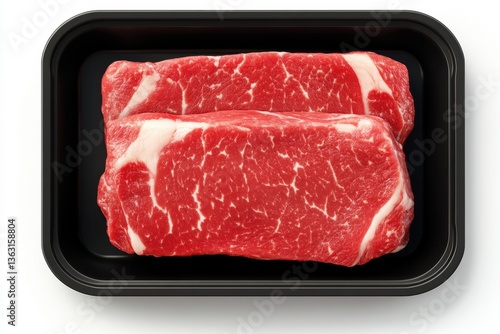 Raw beef steaks in black plastic tray	