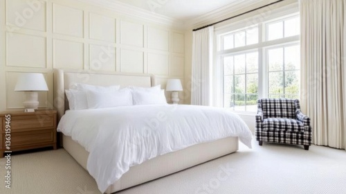 Wallpaper Mural Bright bedroom interior features a beige upholstered bed with white linens, wooden nightstands, and a large window Torontodigital.ca