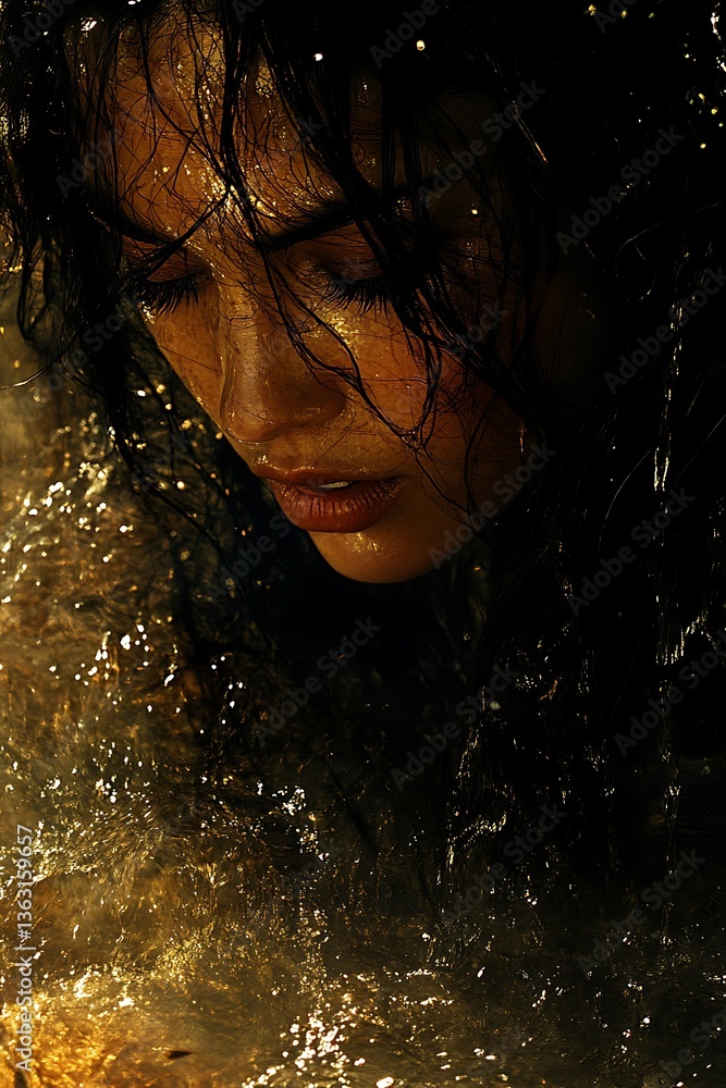 Fototapeta premium Woman submerged with water, dark, and emotion.