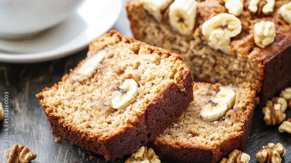 Homemade banana bread slices walnuts served with a cup of coffee Homemade banana bread slices walnuts served with a cup of coffee