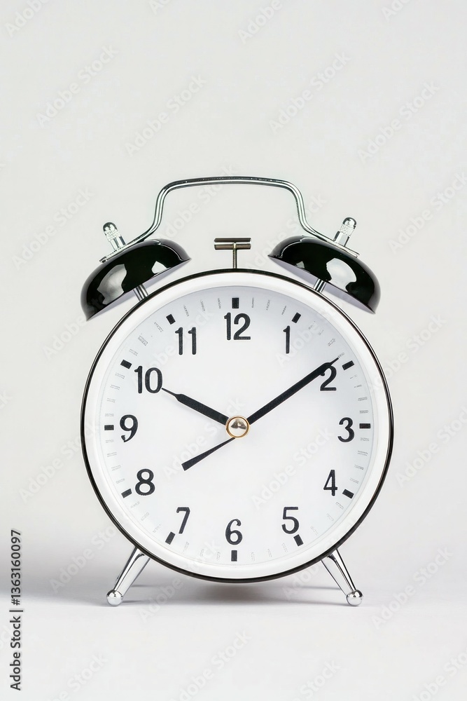 Classic black and white analog alarm clock with metal bells on white background. Classic black and white analog alarm clock with metal bells on white background.